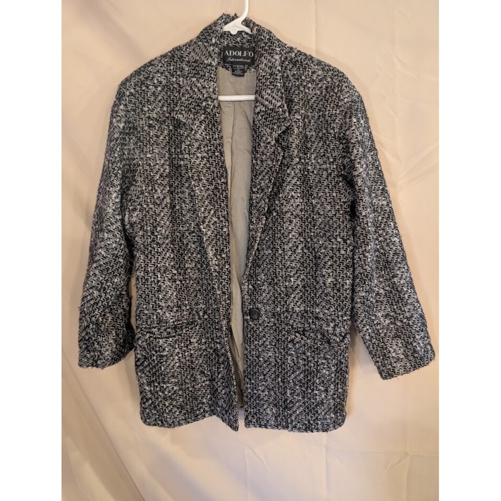 Adolfo International Women's Wool Blend Blazer Jacket Black White Tweed Size 10 - Picture 1 of 3